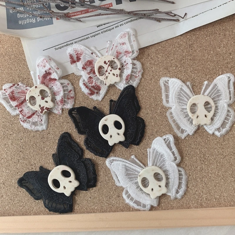 Goth Handmade Injured Butterfly Skull Hairpin for Women Cartoon Harajuku Nostalgic Hair Clips Accessories 90s Party