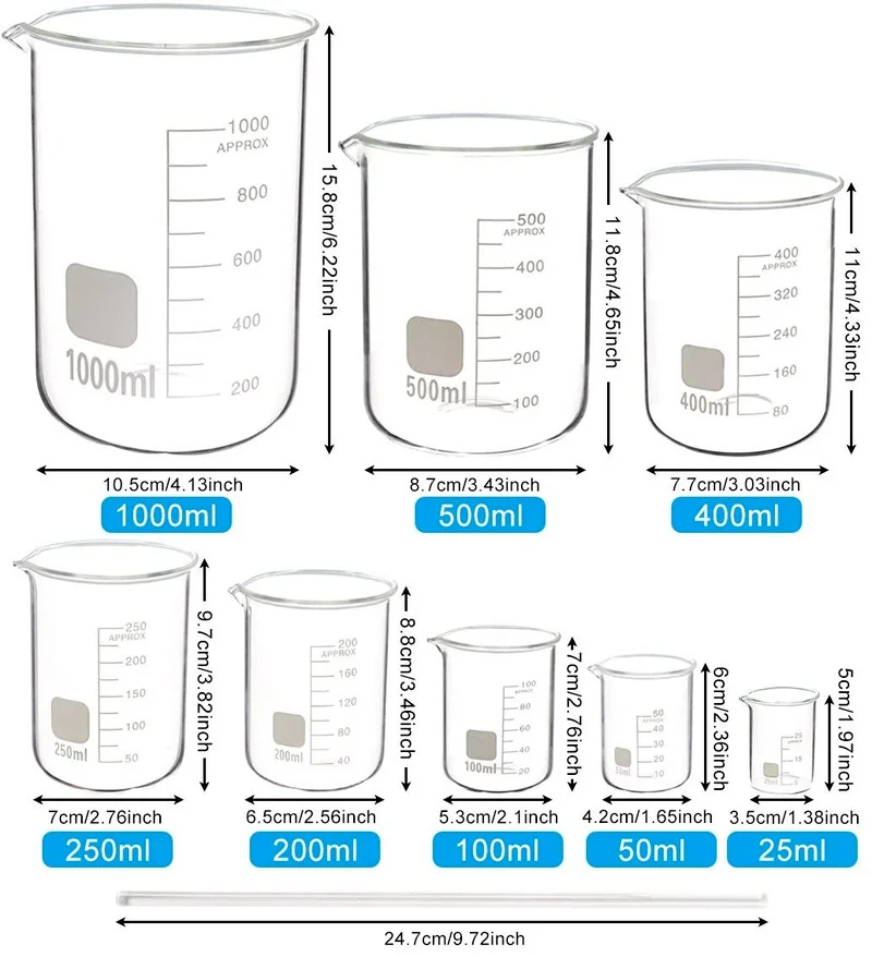 Imagem -03 - Conjunto de Béquer de Medição Graduados em Vidro Peças 25501002002504005001000ml de Formato Baixo tipo de Parede Grossa com Varetas de Agitação