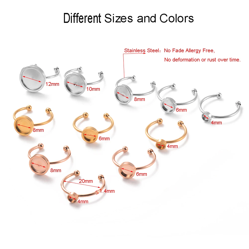 10 stücke Keine Verblassen Edelstahl Gold Einstellbare RingSettingsBlank/Basis, fit 4/6/8mm Glas Cabochon, Tasten Für DIY Ring Schmuck – Detail 2