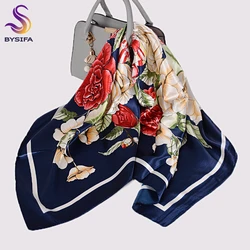 [BYSIFA] Women Silk Scarf Shawl Printed Chinese Rose Navy Blue Red Square Scarves 90*90cm Fashion Accessories Headscarves Hijabs