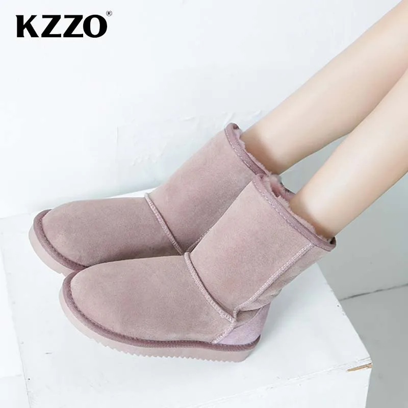 KZZO Classic Sheepskin Suede Leather Snow Boots For Women Natural Wool Flat Boots Mid-calf Fur Lined Winter Warm Shoes Non-slip