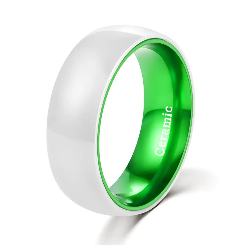 8mm Width White Ceramic Wedding Rings with Green Tones Aluminum Interior for Fiance Dome Band Comfort Fit Size 6-13