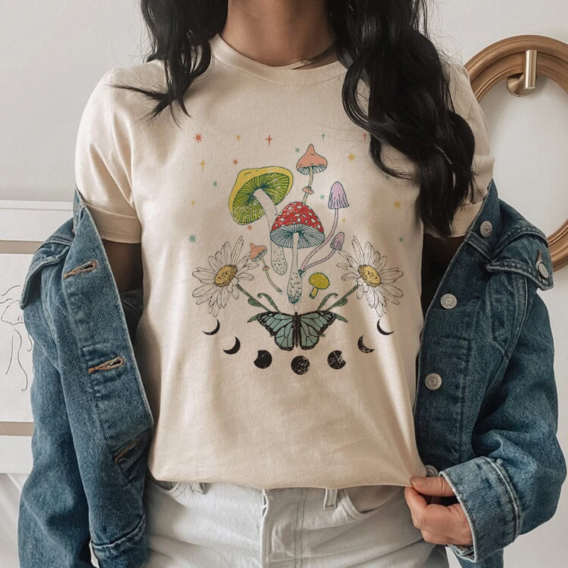 Mushroom Moon Phrase Printed Tshirts For Women White Cotton Kpop Harajuku Shirts Plus Size Loose Round Neck Aesthetic Summer