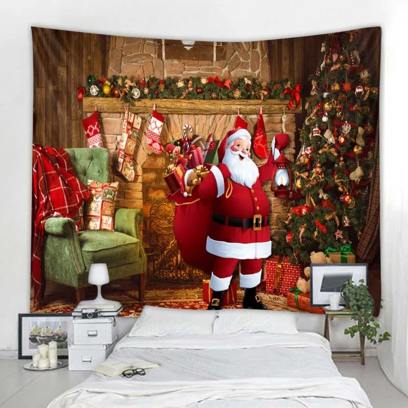 Christmas tapestry wall hanging Santa Claus Christmas tree snow scene home holiday decoration tapestry fireplace Christmas gifts