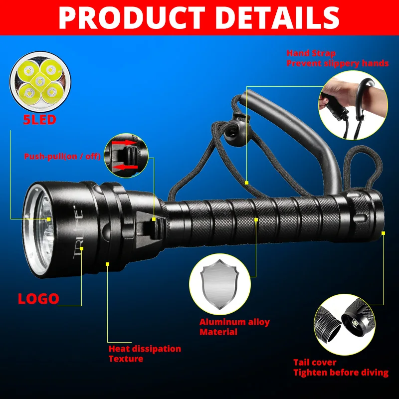 LED Diving Flashlight IP68 Waterproof Powerful LED Scuba T6 5L2 5UV Lantern Torch 200M Underwater Purple White Ultraviolet Light