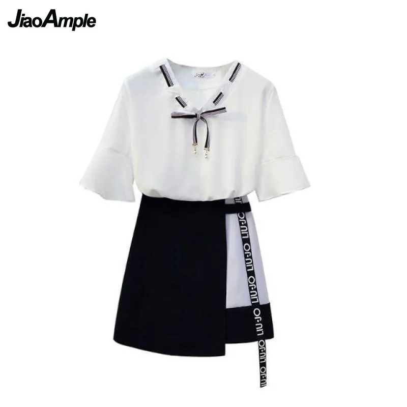 Summer Dress Women 2024 New Chiffon Slim Shorts Skirt Suit Korean Thin V-Neck Sweet Bow-Knot Top Midi Skirts Two-Piece Set