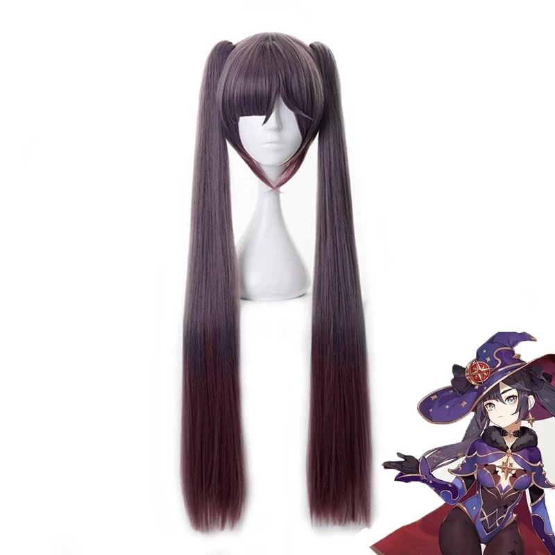 

Game Impact Mona Megistus Cosplay Wig Dark Purple Gradient Double Ponytail Heat Resistant Synthetic Hair Wigs + Wig Cap