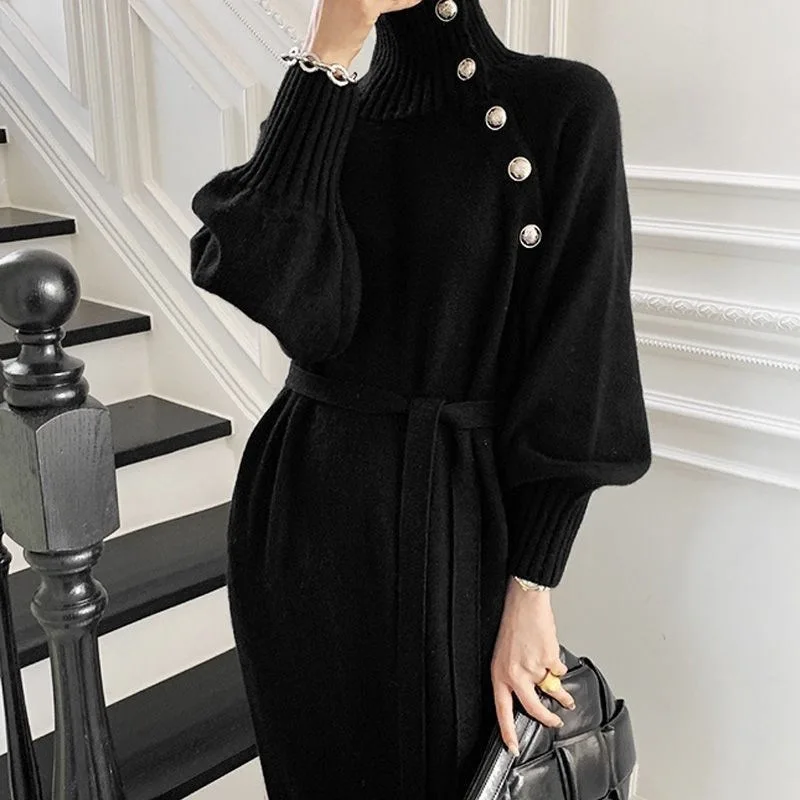 Women\'s Knitted Dress Autumn Winter Turtleneck Buttons Full Sleeve Korean Dresses Warm Vestidos Female Clothes for New Year 2024