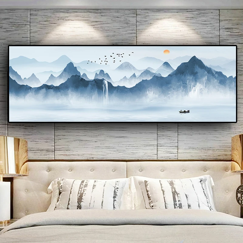 Abstract Mountain Boat Lake Panorama Landscape Canvas Painting Scandinavian Posters and Prints Wall Art Picture for Living Room