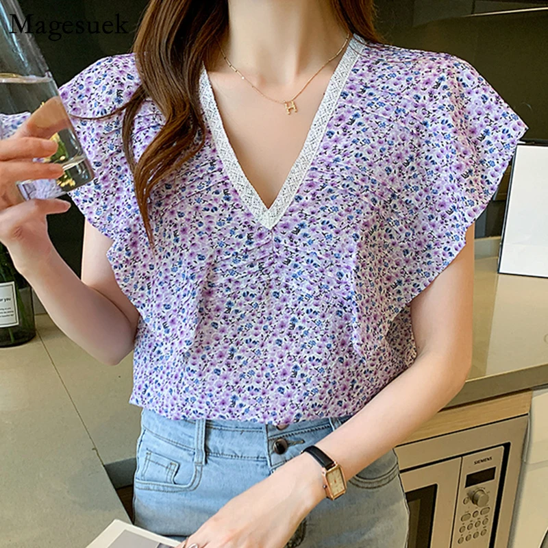 

Chic Elegant Cotton Floral Women's Shirt Fashion Ruffles V Neck Sleeveless Tops Women Korean Vintage Loose Print Blouses 14921