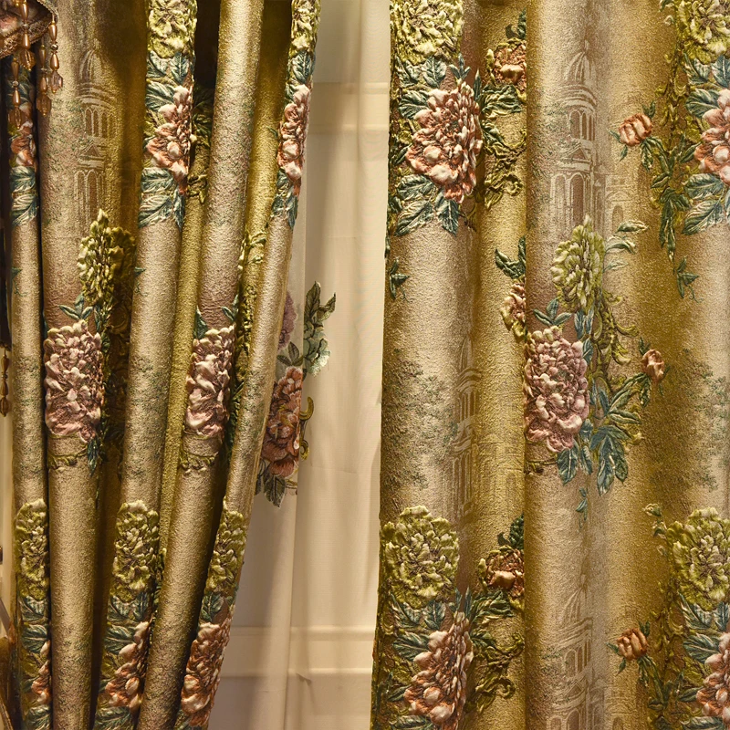 European top luxury 3D embossed jacquard full blackout elegant living room curtains classic brown thick curtains for the bedroom