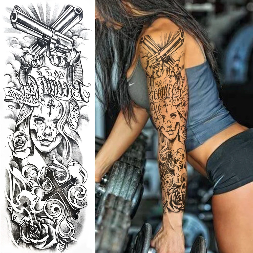 Black Maori Temporary Sleeve Tattoos For Men Women Realiatic Gangster Lion Wolf Tatoos Full Arm Guns Rose Skull Tatoos Body Art