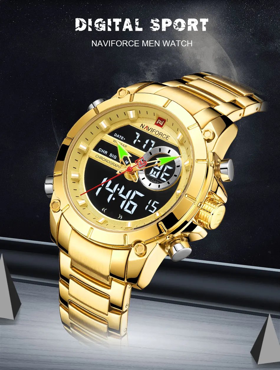 NAVIFORCE 9163 Luxus Original Sport Armbanduhr Für Männer Quarz Stahl Wasserdicht Dual Display Militär Uhren Relogio Masculino – Detail 2