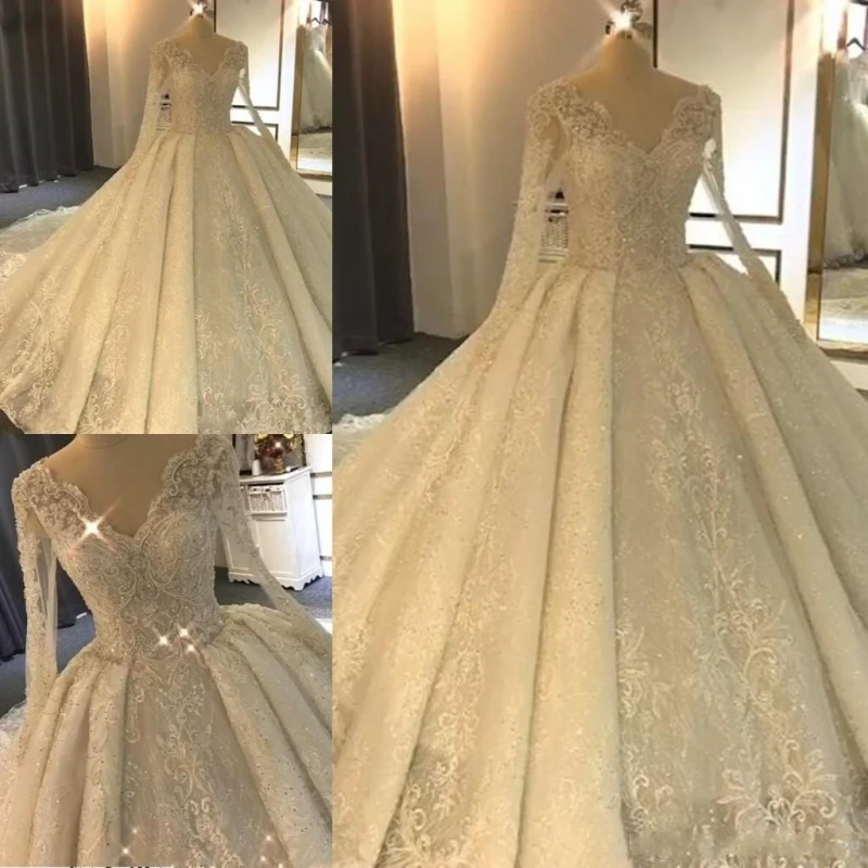 

Luxurious Arabic Long Sleeve Lace Wedding Dresses 2024 Puffy Lace Crystal Bridal Gowns Hot Sale Long Train Vestidos De Noiva