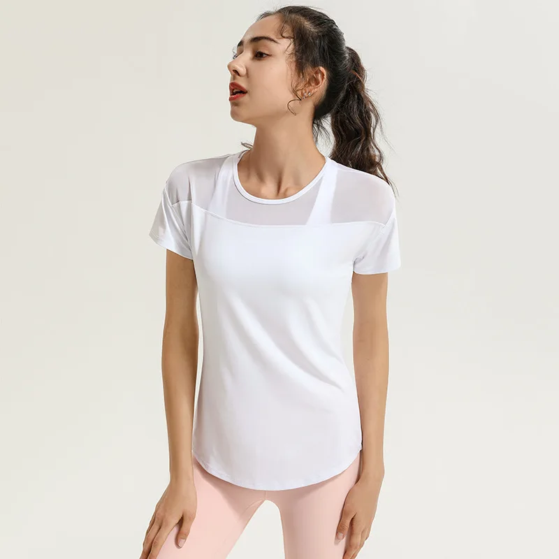 Summer Women Loose Mesh Breathable Yoga Tops Short Sleeves Sport T-Shirts Hollow Out Running Shirts Girls Gym Workout Top Blouse