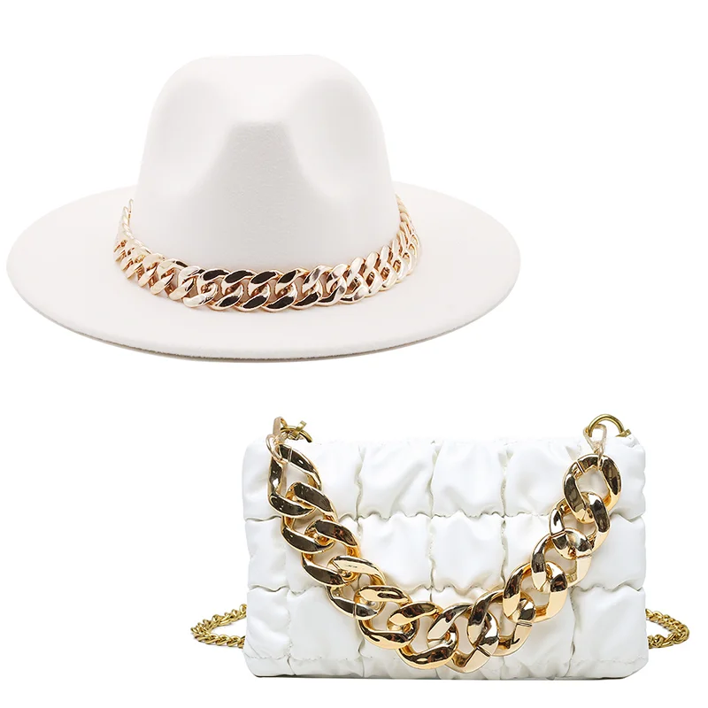 New luxury Girl Wool Chain Fedora Hat Oversized Chain Accessory Bag Hat For Women flat top Hat Latest Two-piece Set шапка