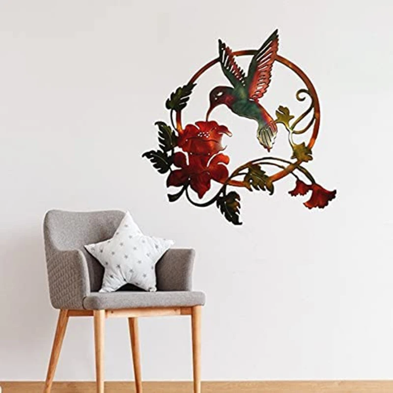 H55A Round Metal Bird Wall Art Decor for Garden Living Room Decoration Hummingbird Flower Outdoor Wrought Iron Wall Art Circles