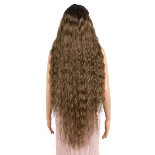 Imagen 2 del producto Pelucas sintéticas Cosplay pelucas delanteras de encaje de pelo ondulado suelto para mujeres Ombre marrón onda de agua 42 pulgadas Peluca resistente al calor de pelo rizado