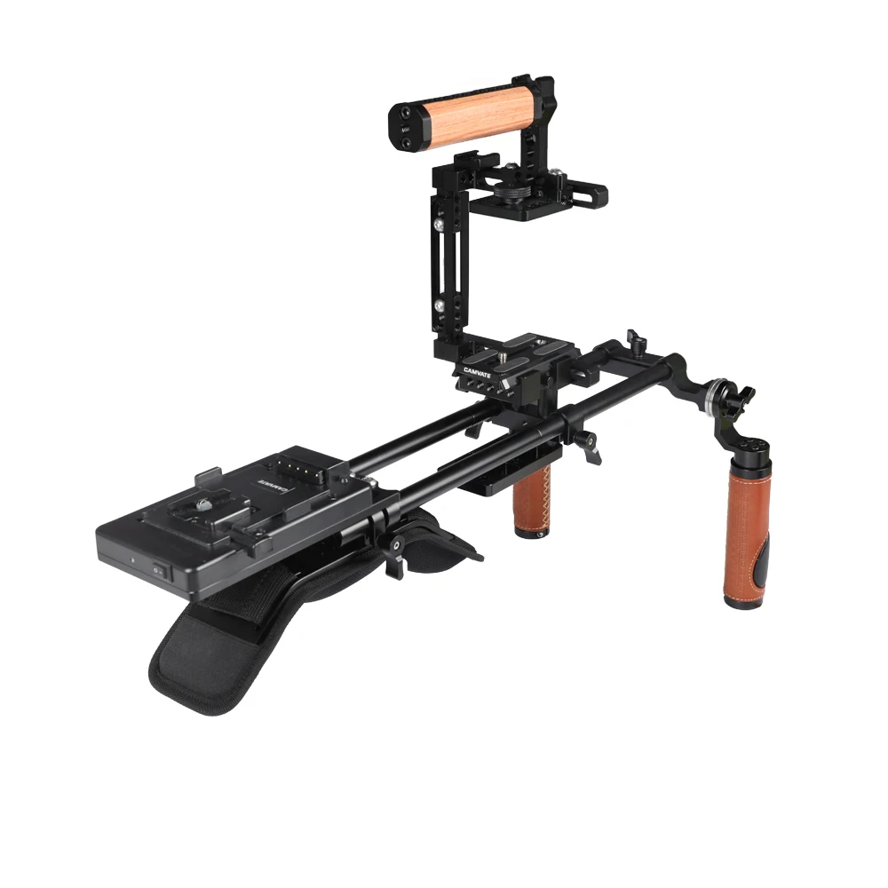 HDRIG Pro Shoulder Mount Rig + Extension-type Half Cage With Manfrotto Quick Release Plate + V Mount Power Splitter