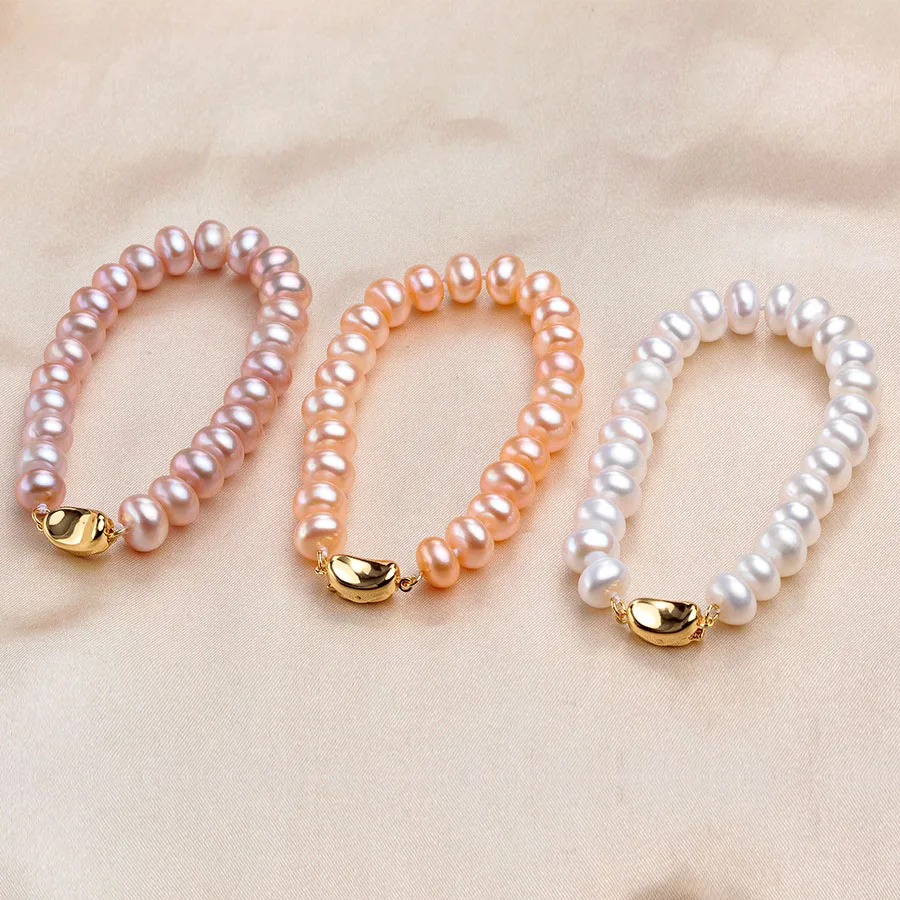 Dainashi 2024 New Arrival 8-9mm Bread Bead Freshwater Pearl Bracelets With 925 Sterling Silver Clasp For Women,White Pink Purple