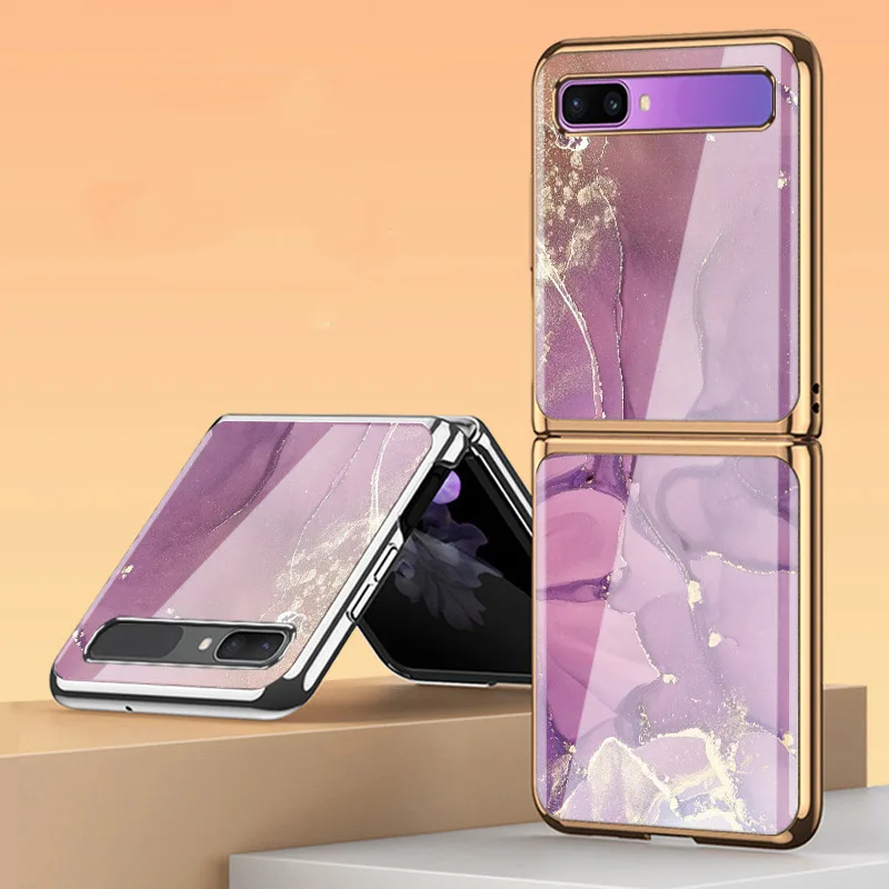 Z Flip 3 Funda Case for Samsung Galaxy Z Flip 3 Z Fold 3 Z Fold 2 Purple Marble Tempered Glass Shell Coque Phone Case Cover