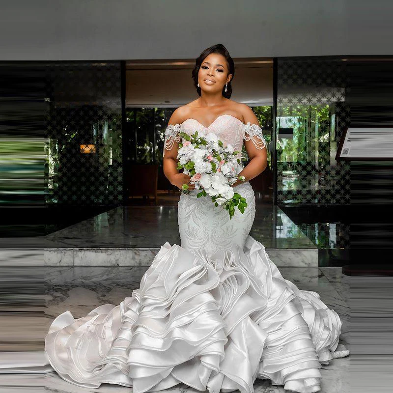 Arabisch Aso Ebi Mermaid Trouwjurken Uit De Schouder Kralen Applicaties Plus Size Bridal Dress Ruches Vestidos De Novia