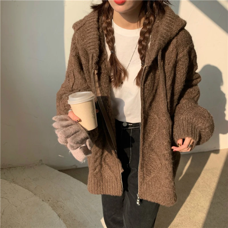 Women Autumn Winter Oversize Knitted Cardigan Casual 2021 Hooded Twist Sweater Zipper Long Sleeve Crochet Outerwear