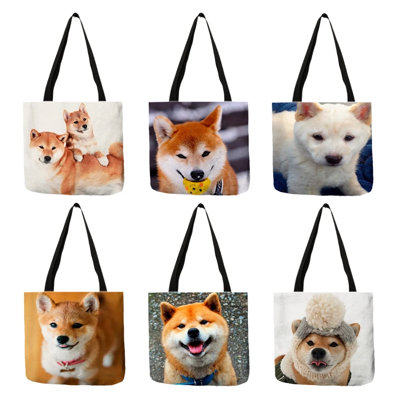 Cute Funny Shiba Dog Print Shoulder Bag Women Casual Handbags Mom Tote Linen Durable Reusable Shopping Diaper Bags