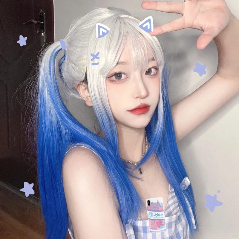 Wig long straight hair Lolita girl blue gradient color natural cosplay Heat-resistant Synthetic wigs  women