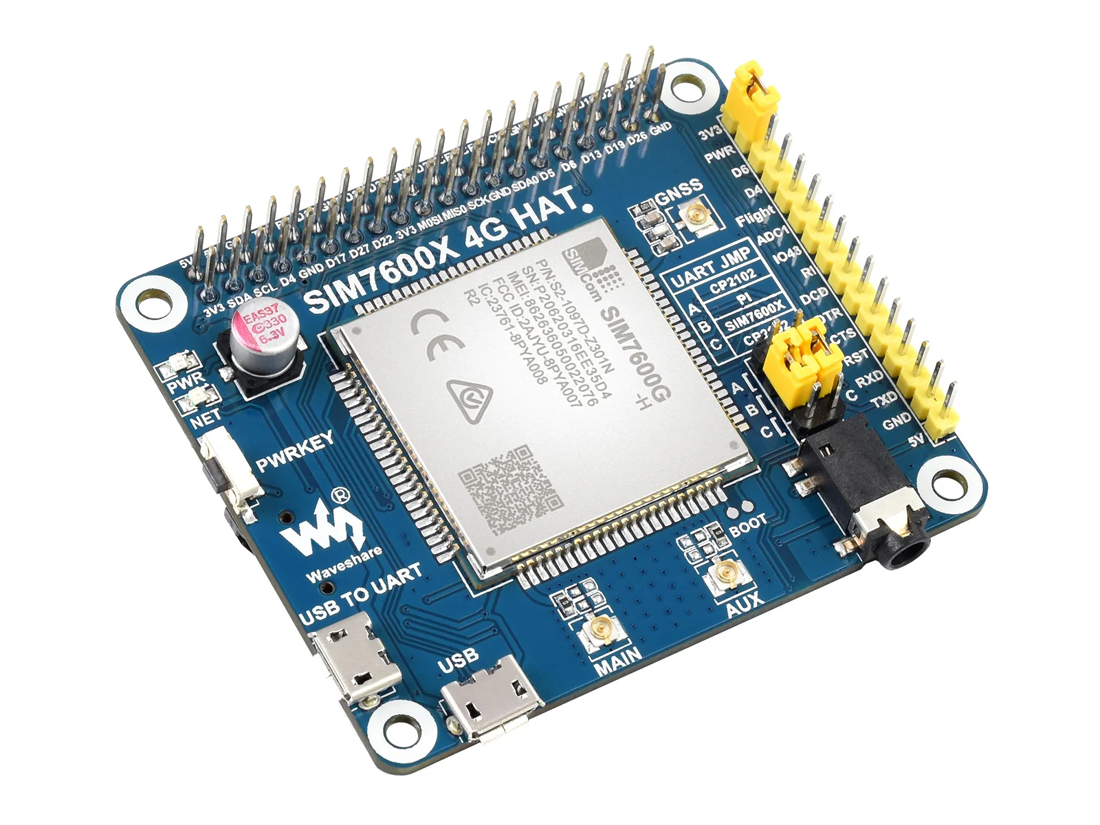 Waveshare SIM7600G-H 4G HAT For Raspberry Pi, LTE Cat-4 4G / 3G / 2G Support, GNSS Positioning, Global Band