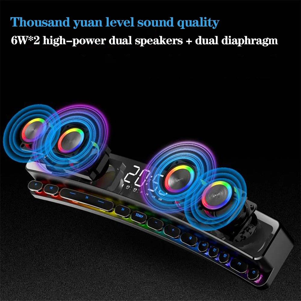 3600mAh Wireless Game Bluetooth Speaker soundbar USB 3D Stereo Subwoofer AUX FM Home Clock Indoor Sound Bar Computer Loudspeake