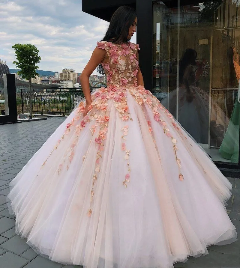 2024 Princess Floral Flowers Prom Dresses Sweet 16 Dress Quinceanera Dress Puffy Girls Pageant Lace Appliques