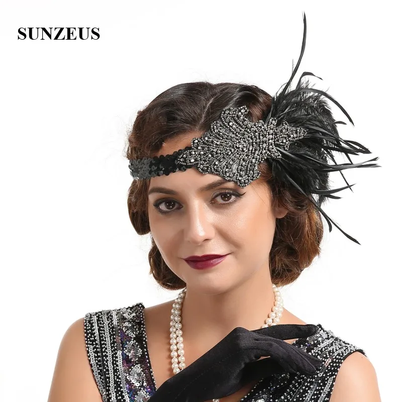 Schwarz Federn Gold Perlen Stirnband Frauen Dinner-Party Formale Headwear Braut Haar Zubehör accesorios novia BQ019