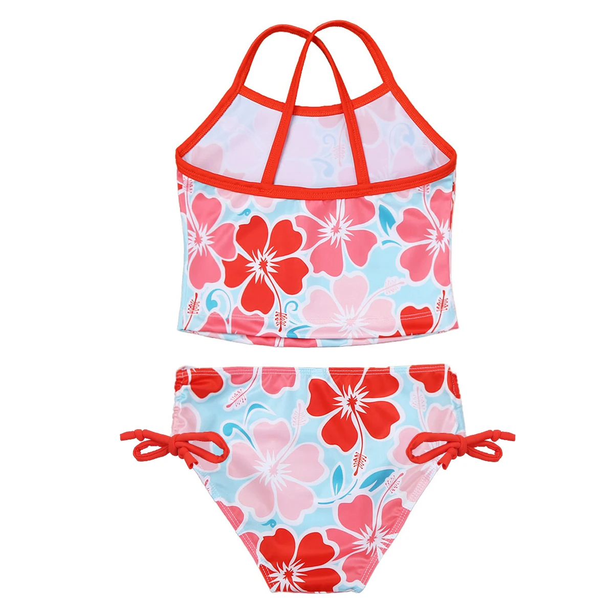 TiaoBug Summer 2Pcs Kids Girls Tankini Floral Printed Swimsuit Swimwear Bathing Suit Tops With Tie Side Bottoms Sets Bikini