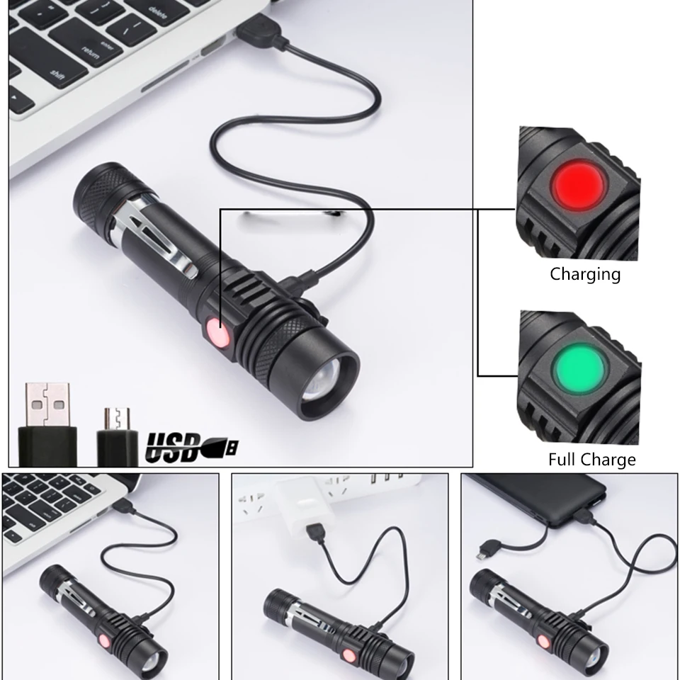 Ultra Bright LED Flashlight With XP-L V6 LED lamp beads Waterproof Torch Zoomable 4 lighting modes Multi-function USB charging