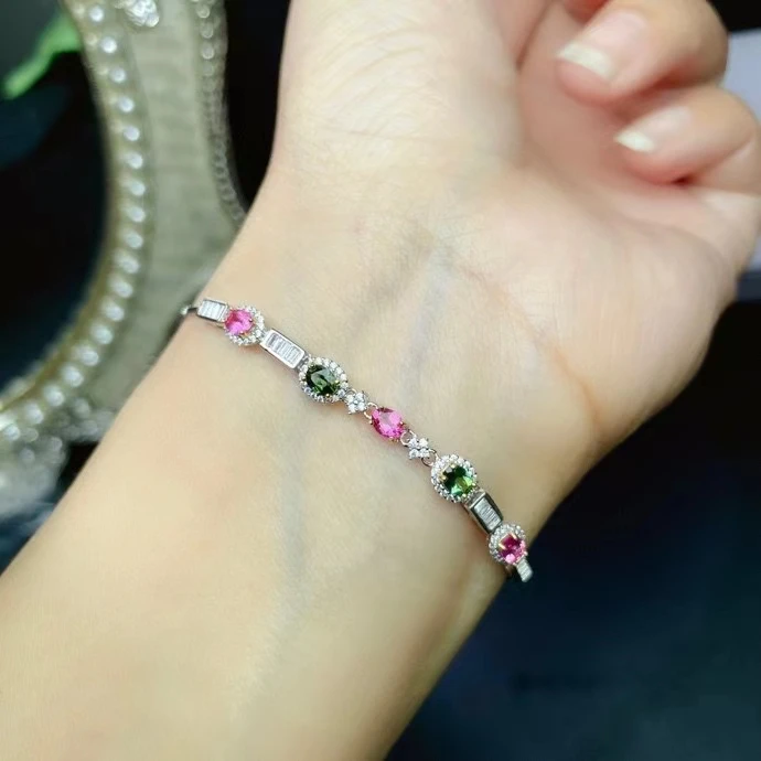 

Cute Silver Tourmaline Bracelet for Party 3mm*4mm Genuine Tourmaline Silver Bracelet Solid 925 Silver Tourmaline Jewelry