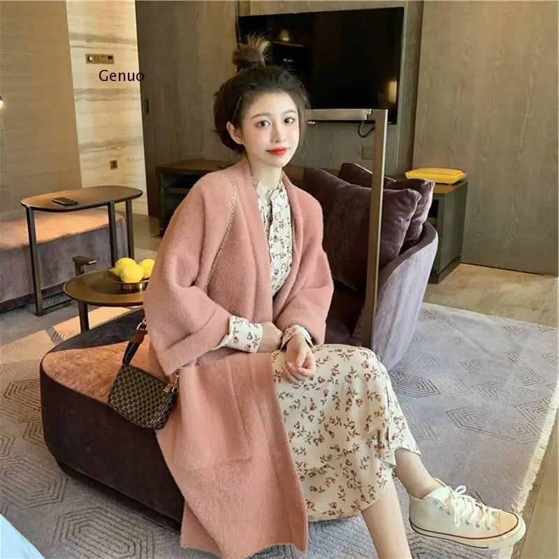 

Women Autumn Winter White Mink Cashmere Long Sweater Coat Big Sleeve Knitted Cardigan Jacket Oversized Cloak with Pocket