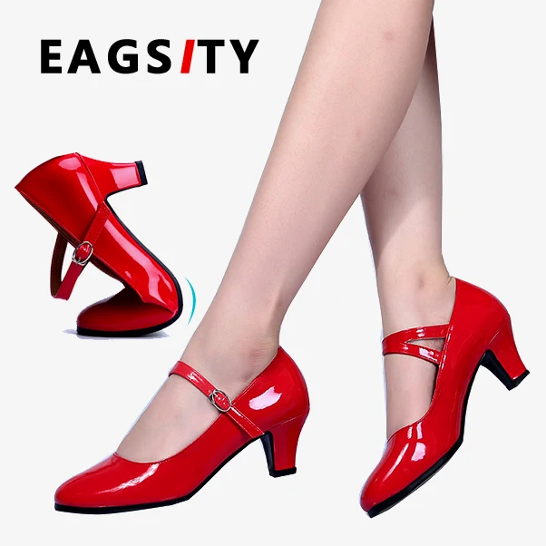 EAGSITY  red Mary Jane shoes ankle strap pointed toe fashion red women shoes kitten heel pumps party dancing square heels