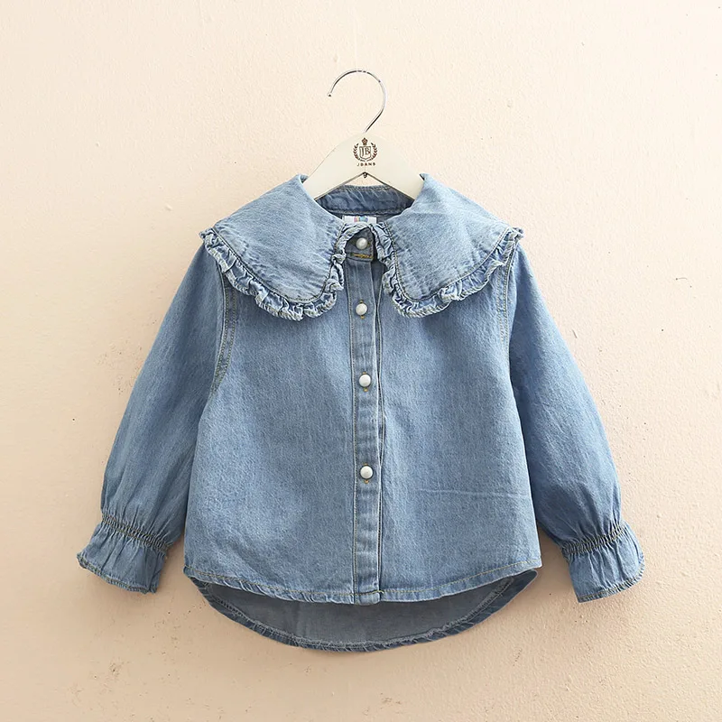 2024 New Spring Autumn 2 3 4 5 6 8 10 Years Children Clothing Turn-Down Neck Long Sleeve Denim Blouse Shirt For Kids Baby Girls