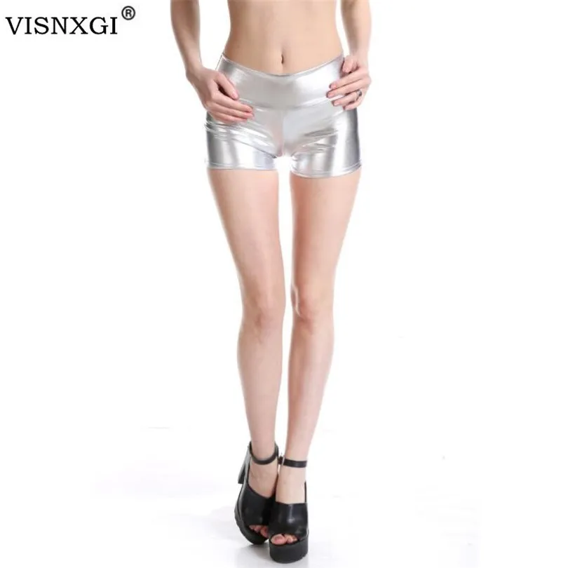 VISNXGI Womens Mid Waisted PU Sexy Summer Shorts Metallic Rave Dance Shorts Spandex Shiny Pole Dance Gold Silver Short For Stage