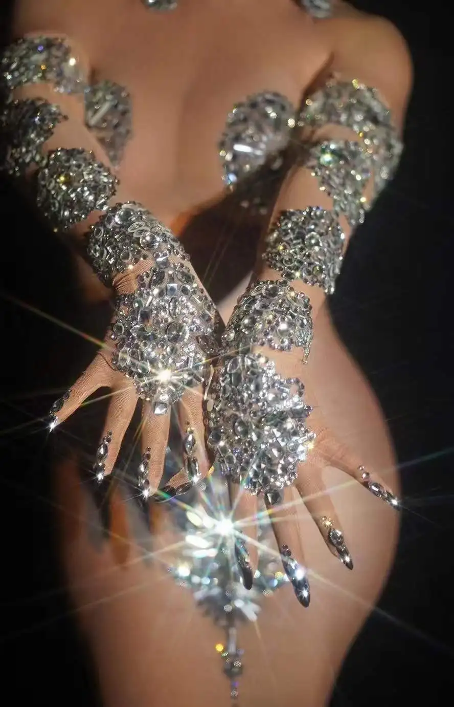 Traje de Rave para mujer, guantes con diamantes de imitación, cristales brillantes, accesorios de escenario para cantante bailarina de boda, traje Drag Queen, 2022