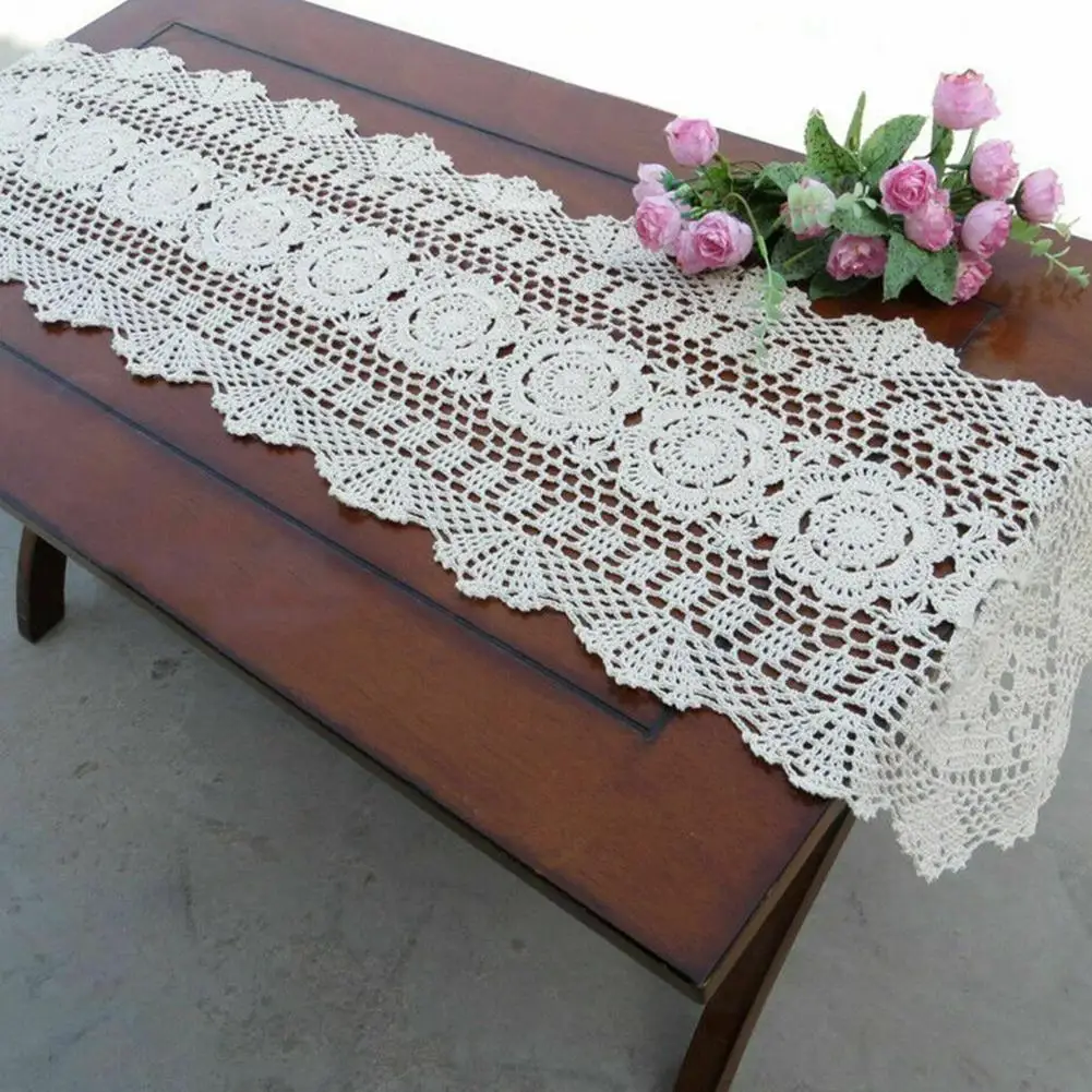 Fresh Water Lotus Handmade Crochet Lace Hollow Dining Table Runner Chinese Nostalgic Cotton Woven Table Flag Home Decor