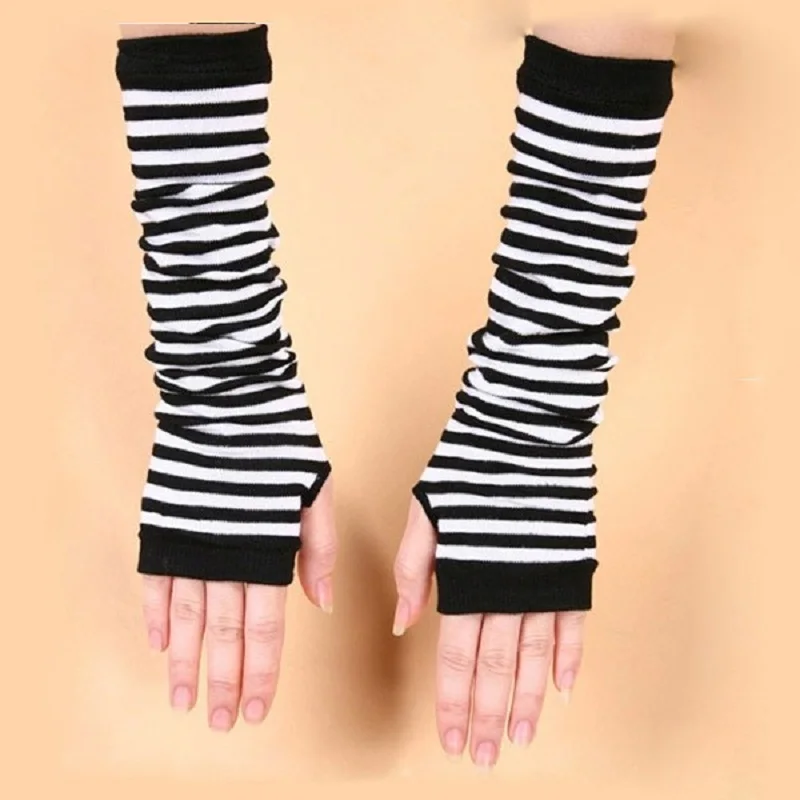 Fashion Women Lady Striped Elbow Gloves Warmer Knitted Long Fingerless Gloves Elbow Mittens Christmas Accessories Gift