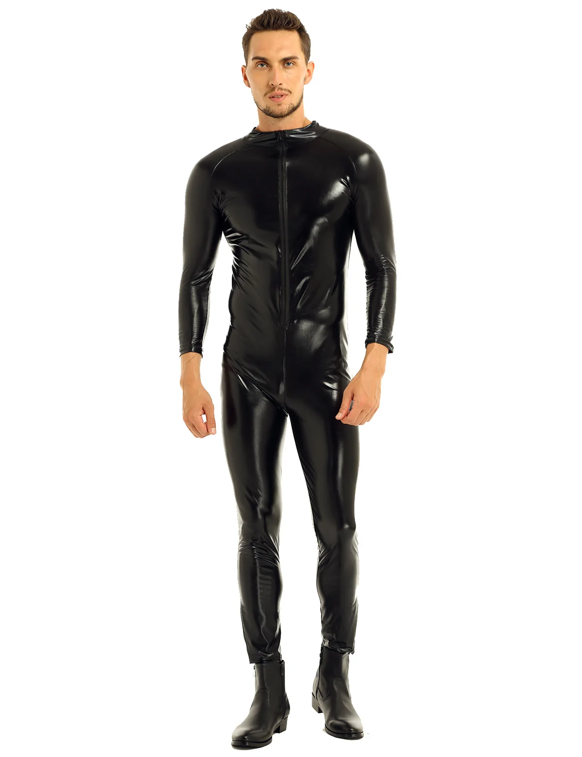 

Mens Black Moto Fashion Party Costumes Sets Wetlook Front Zipper Catsuit Bodysuit Jumpsuit Jockstraps Bulge Pouch Clubwear