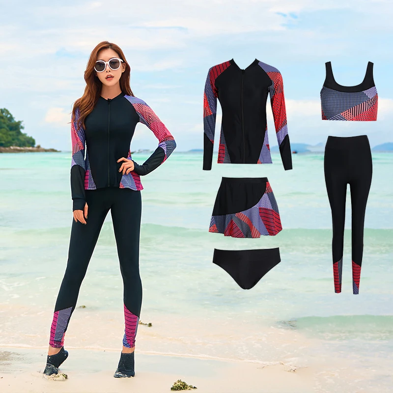 

5pcs/set Women's Plus Size Long Sleeve Rash Guards Swim Tee & Leggings Bikini set Rashguard Sun UV Protection Swimsuit