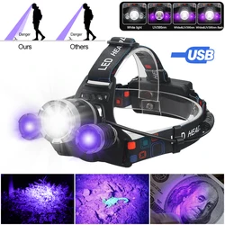 Waterproof UV & White Light Headlamp UV395nm Purple Head Light 4 Modes Head Torch Power by 2pcs 18650 Battery for Detecting