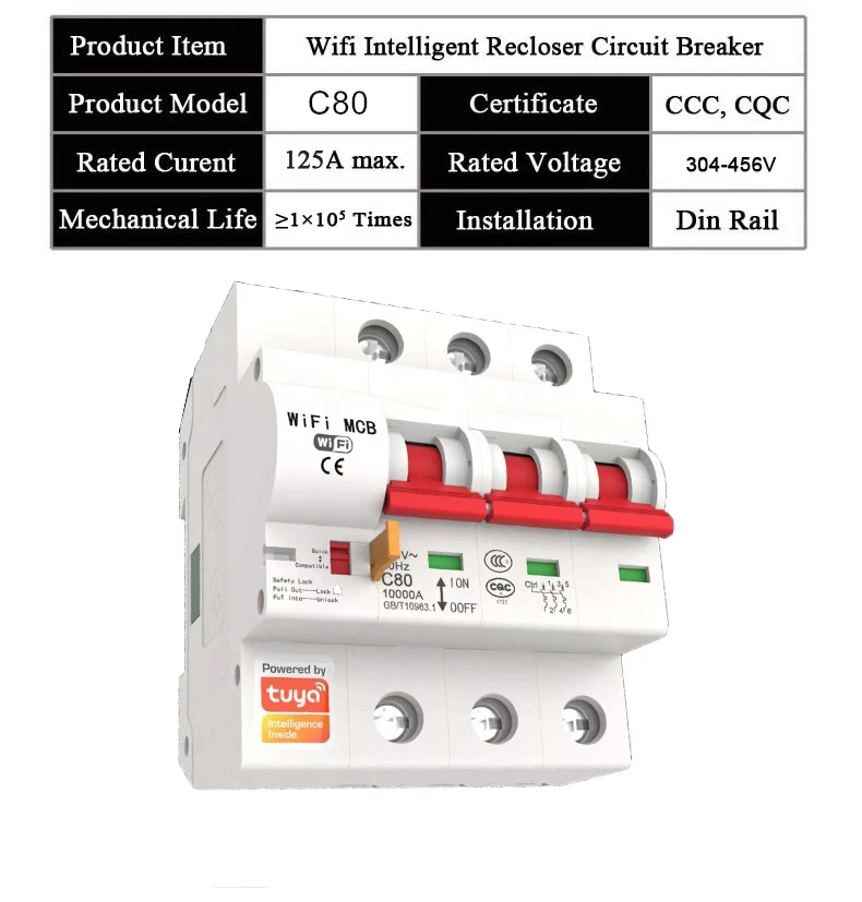 Tuya Smart 3P 16A-125A Remote Control WiFi Circuit Breaker/smart Switch/ Intelligent Automatic Recloser Alexa Goolge Compatible