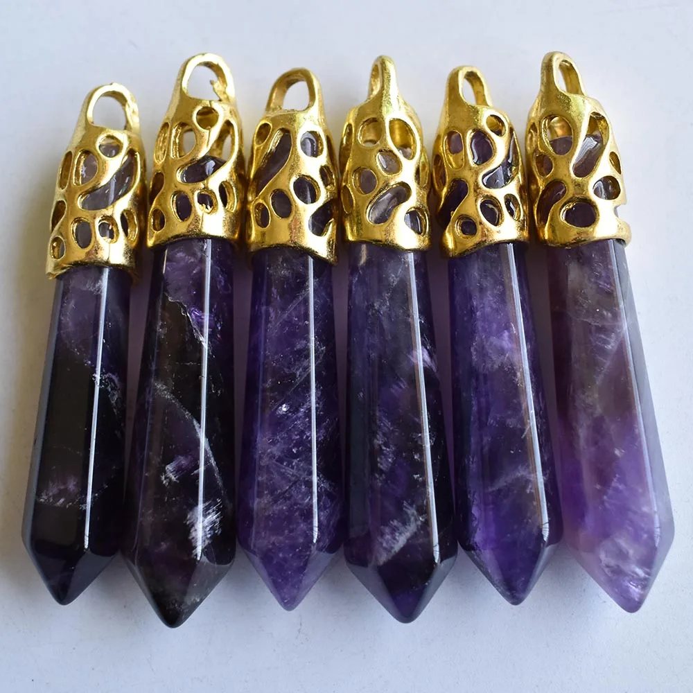 

Fashion good quality Natural stone amethysts Hexagonal pillar charms pendants 12x50mm for jewelry making Wholesale 6pcs/lot