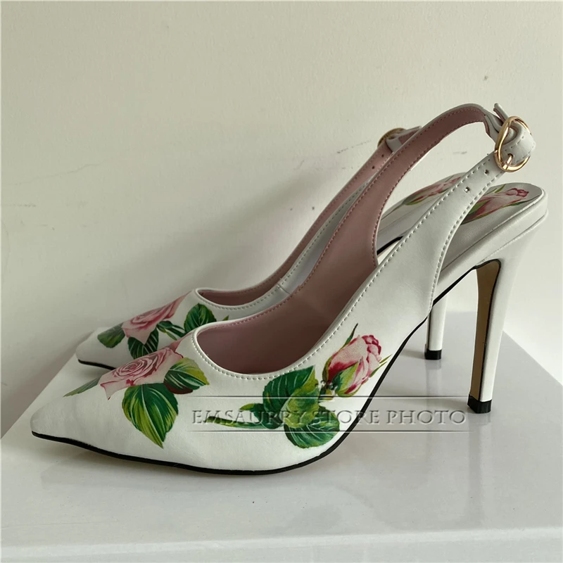 Stampa fiore punta a punta décolleté da donna Sexy tacchi alti sottili Slingbacks vera pelle Slip-on primavera Mary Janes