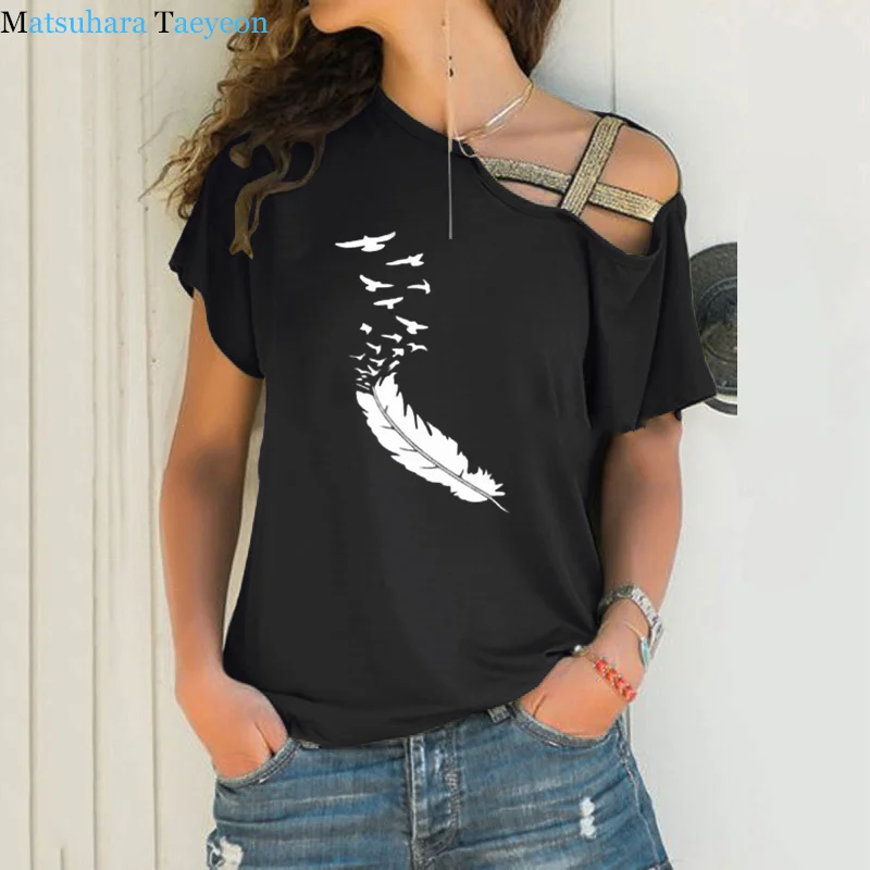 

Summer 2021 Women Tshirt Casual Short Sleeves Tops Tees Sexy Irregular Feather Print T-Shirts Loose Shirt